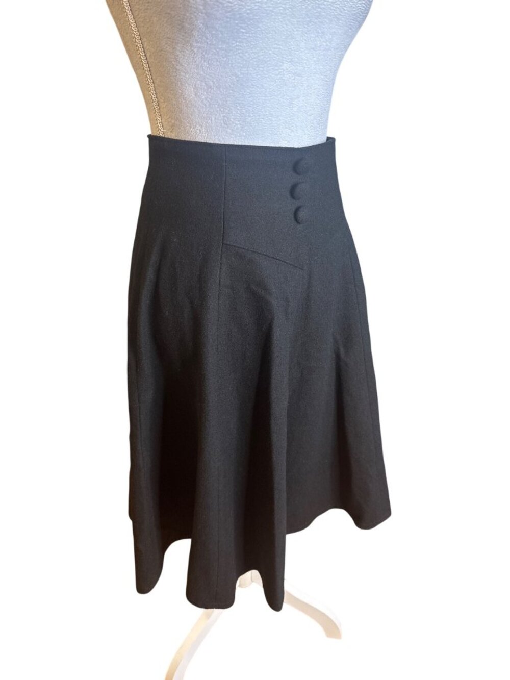 Vintage 80s 90s Korean Black A-Line Swing Skirt High Waist Button Rockabilly 26